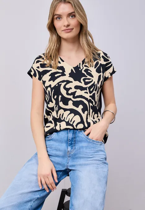 Shirt met gespleten hals en print op de voorkant shadowed navy