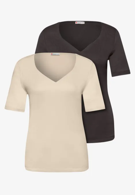 Shirt met hartvormige halslijn in een pak van 2 cotton beige/espresso brown Shirt met hartvormige halslijn in een pak van 2 cotton beige/espresso brown