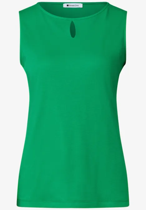 Groen dames mouwloos topje met ronde hals en klein druppel-detail voor