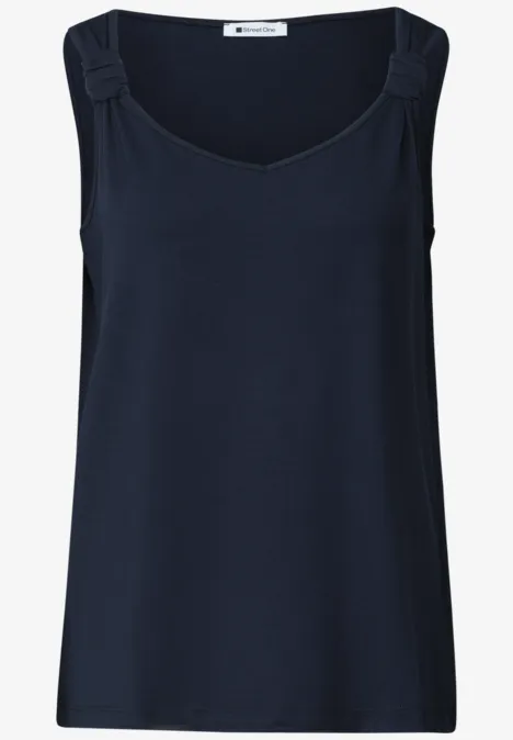 Top mit V-Neck und Knotendetail deep blue Dunkelblaues ärmelloses Damen-Top mit V-Ausschnitt und dekorativen Schulterdetails.