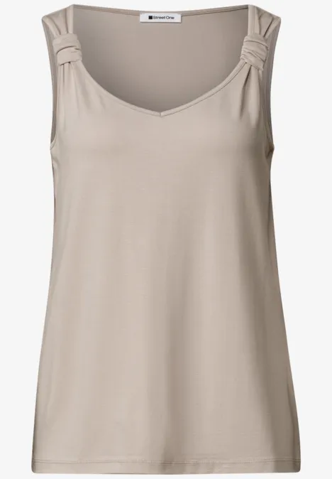 Top mit V-Neck und Knotendetail clay sand Beiges ärmelloses Damenoberteil mit geknoteten Trägern.