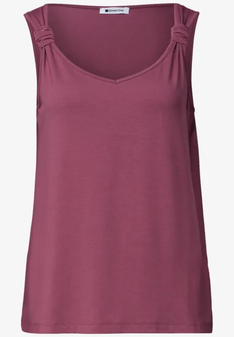 Top mit V-Neck und Knotendetail dark clouded blush Ärmelloses, bordeauxrotes Damen-Top mit Rundhalsausschnitt und raffinierten Schulterdetails