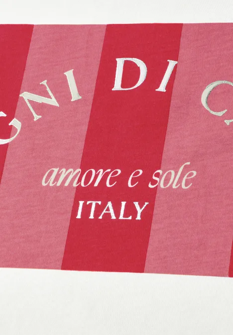 T-Shirt mit Rundhals und Print off white Rosa-rot gestreiftes Etikett mit dem Schriftzug 'amore e sole ITALY'.