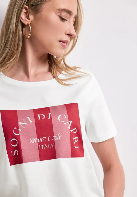 T-Shirt mit Rundhals und Print off white Weißes T-Shirt mit rotem "SONG DI CAPRI"-Aufdruck und "amore e sale Italy"-Schriftzug.