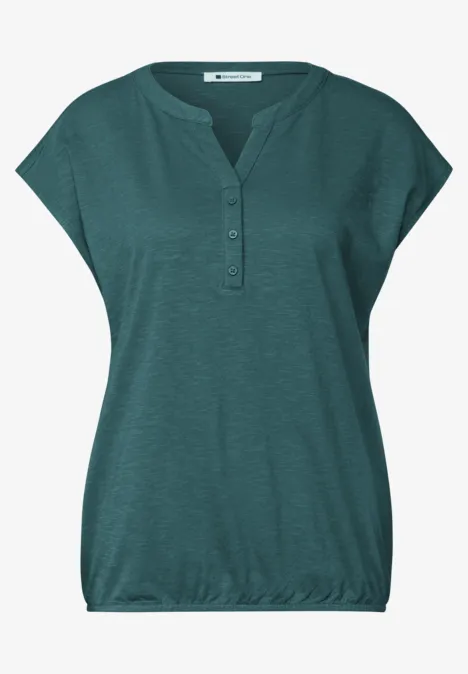 Dropped Shoulder Shirt mit Split Neck mediterra green Tealfarbenes Damenshirt mit überschnittenen Ärmeln, V-Ausschnitt und Knopfleiste