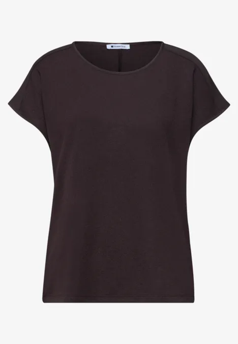 Shirt met boothals en schouderdetails espresso brown Effen donkerbruin dames-T-shirt met korte mouwen en ronde hals.