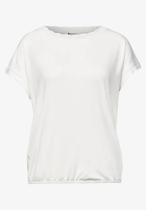 Schlichtes weißes Kurzarmshirt mit lockerem Schnitt und abgerundetem Saum.