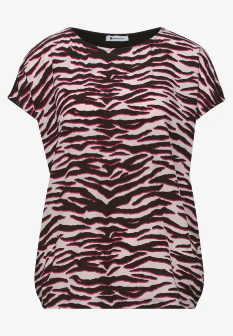Damen-T-Shirt mit auffälligem Zebra-Print in Schwarz und Pink.
