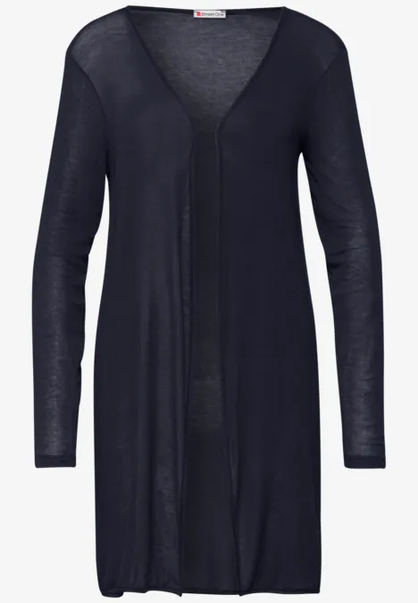 Lange zwarte opengebreide cardigan met V-hals en lange mouwen.