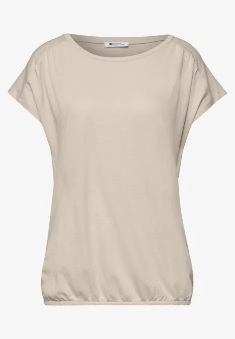 Beige Damen-T-Shirt mit überschnittenen Schultern, weitem Rundhalsausschnitt und elastischem Saum.
