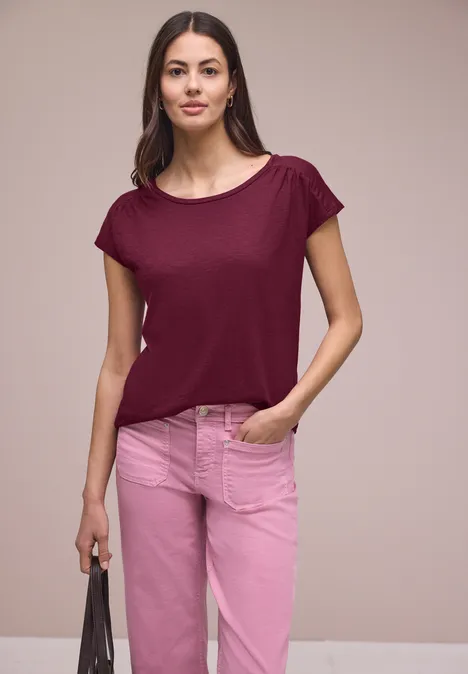 T-shirt à col rond et fronces truffle red