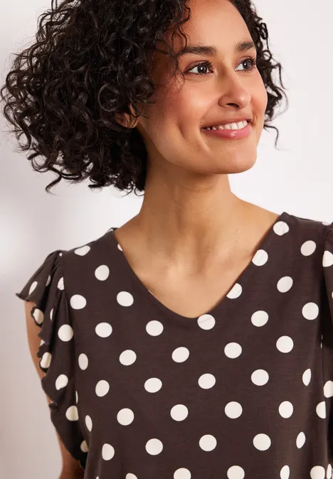 Shirt met V-hals en volantmouwen espresso brown