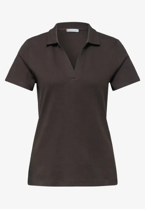 Dunkelbraunes Damen-Polo-Shirt mit kurzen Ärmeln und V-Kragen