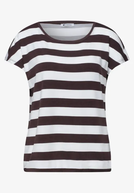 Schwarz-weiß gestreiftes Damen-T-Shirt mit kurzen Ärmeln und rundem Ausschnitt.