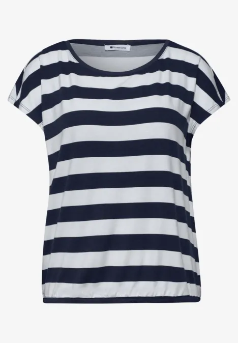 Locker geschnittenes Kurzarmshirt mit blau-weißen Querstreifen und Rundhalsausschnitt.