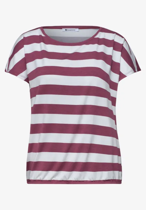 Dames-T-shirt met korte mouwen, witte en bordeauxrode horizontale strepen.