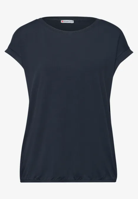 Donkerblauw damesshirt met korte mouwen, ronde hals en elastische zoom