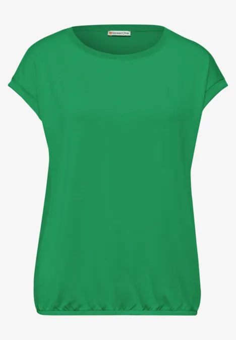 Grünes Damen-T-Shirt mit kurzen Ärmeln, Rundhalsausschnitt und elastischem Saum.