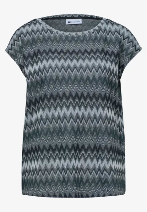 Dames T-shirt met grijs zigzagpatroon en korte mouwen.