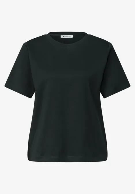 Ein schlichtes, schwarzes Damen-T-Shirt mit kurzen Ärmeln und Rundhalsausschnitt.