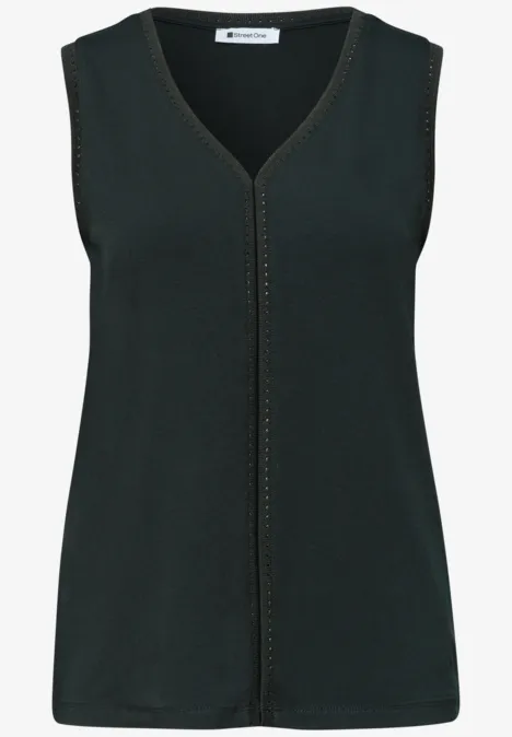 Zwart dames topje met V-hals en subtiele siernaad.