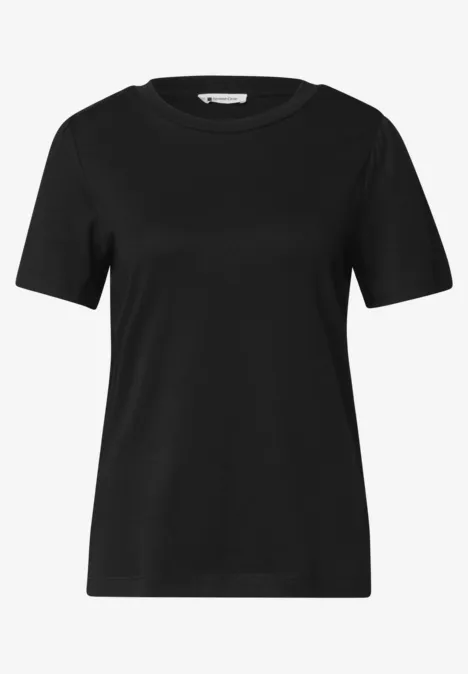 T-Shirt mit gerafftem Ärmel Black Schlichtes schwarzes T-Shirt mit kurzem Arm und Rundhalsausschnitt