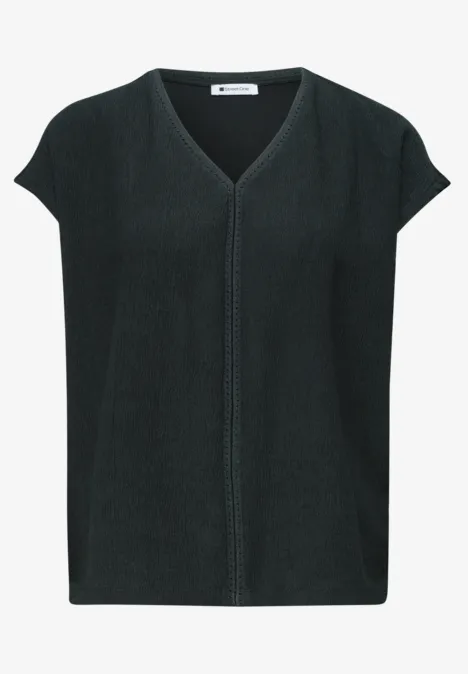 Mouwloze, donkergroene damesgebreide top met V-hals en decoratief middennaad.