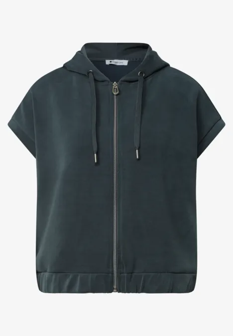 Dunkelgrauer Kurzarm-Hoodie mit durchgehendem Reißverschluss, Kordelzug und Kapuze.