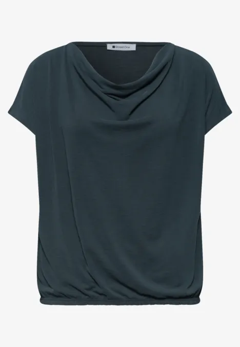 Dunkelgraue Kurzarm-Bluse mit Wasserfallausschnitt und lockerem Saum.