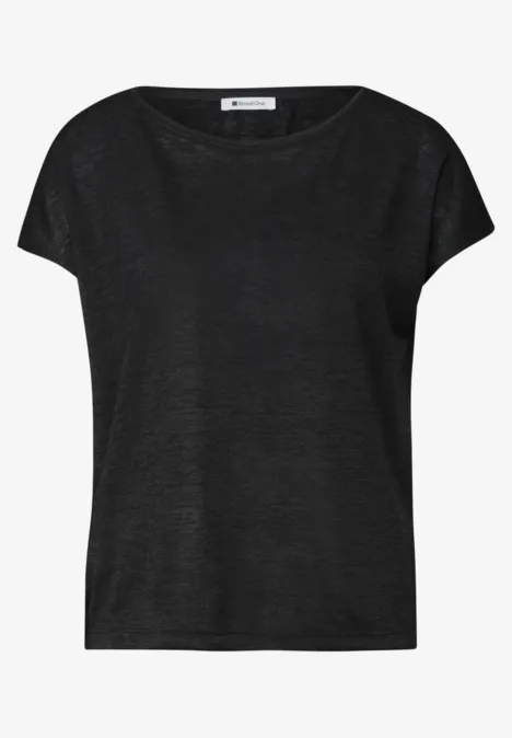 Effen zwart T-shirt met korte mouwen en ronde hals.