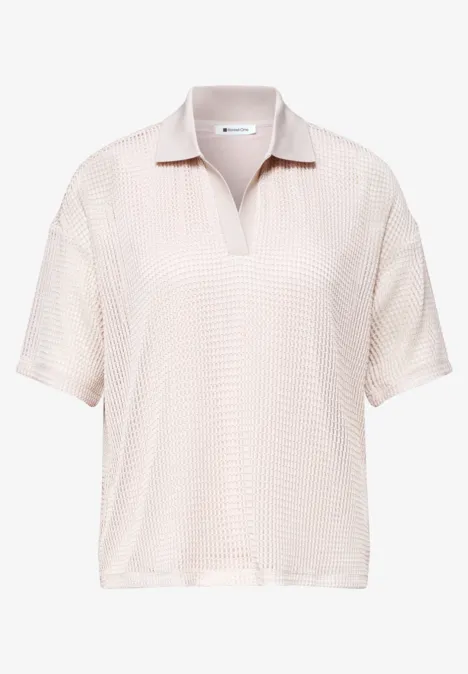 Beige, kurzärmeliges Polo-Shirt aus strukturiertem Stoff, lockere Passform