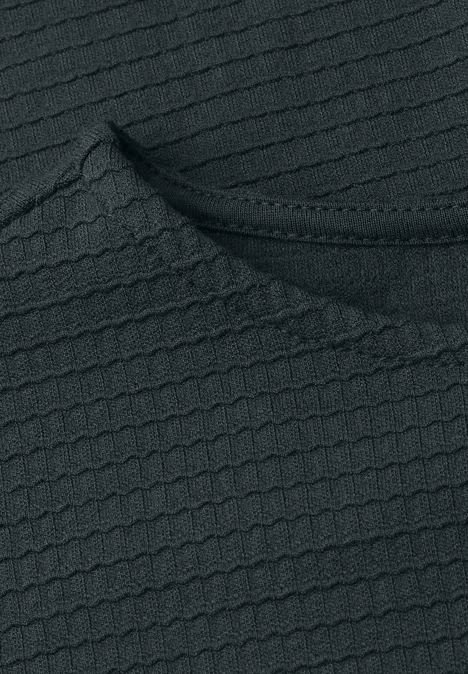 Schwarzer Stoff mit Waffelstruktur, Detailansicht einer Naht oder Tasche.