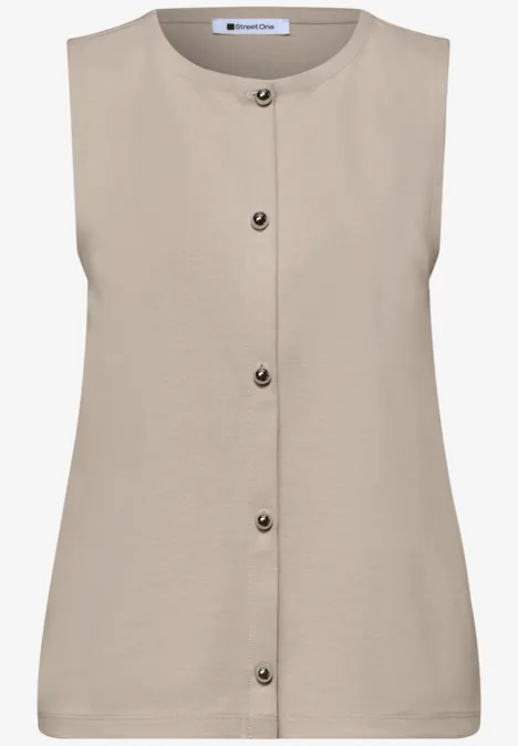 Ärmelloses, beiges, knöpfbares Top mit Rundhalsausschnitt.