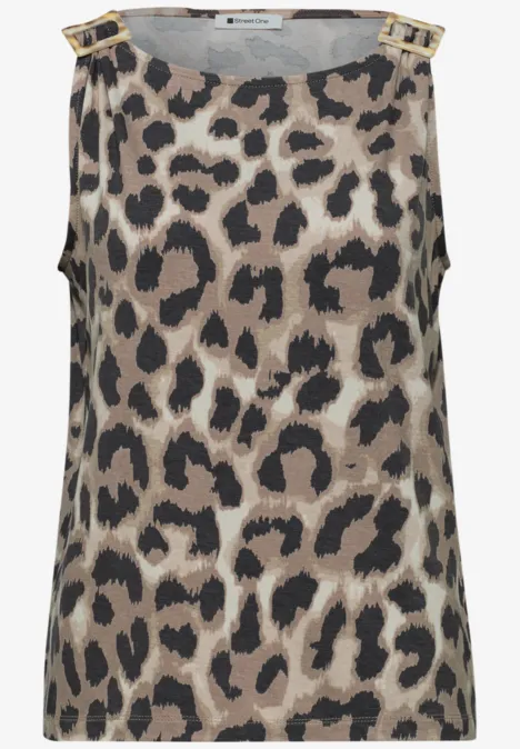 Ärmelloses Damen-Top mit Leoprint in Beige und Schwarz, goldene Kettendetails an den Schultern.