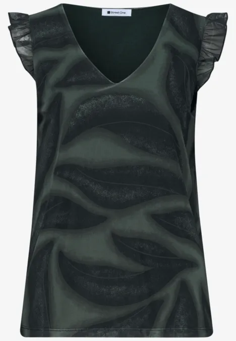 Ärmelloses Damenoberteil in Grün mit V-Ausschnitt und Rüschenärmeln.