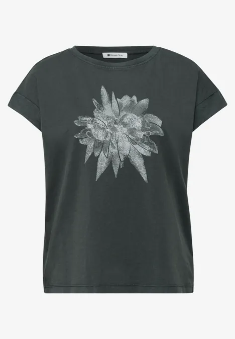 Dunkelgraues, kurzärmeliges Damen-T-Shirt mit großem, weißem Blumenmotiv auf der Vorderseite.