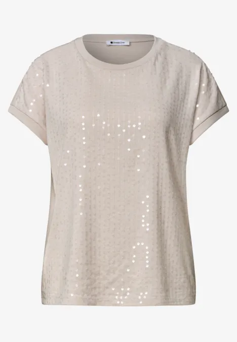 Beige Kurzarm-Shirt mit Pailletten, Rundhalsausschnitt und legerem Schnitt.