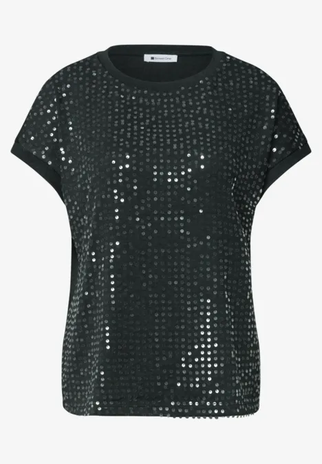 Schwarzes T-Shirt mit kurzen Ärmeln und rundem Halsausschnitt, komplett mit glitzernden Pailletten besetzt.