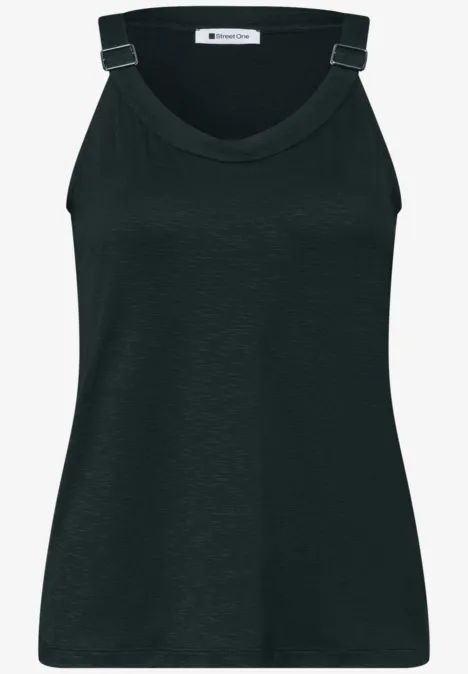 Schwarzes ärmelloses Damen-Top mit verstellbaren Trägern und Rundhalsausschnitt.