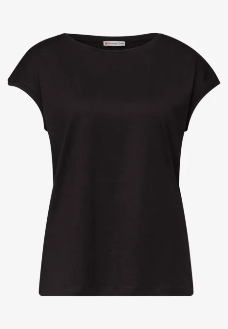 Schlichtes schwarzes Damen-T-Shirt mit Rundhalsausschnitt und kurzen Ärmeln.