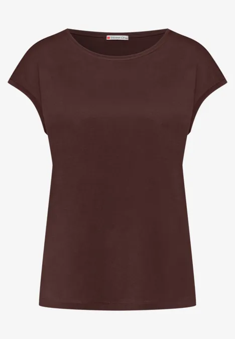 Ein schlichtes braunes Damen-T-Shirt mit Rundhals und kurzen Ärmeln.