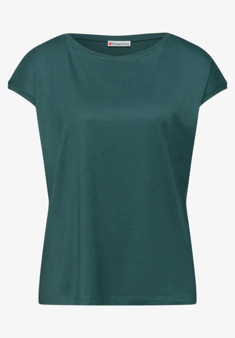 Dunkelgrünes, kurzärmeliges Damen-T-Shirt mit lockerem Schnitt und Rundhalsausschnitt.