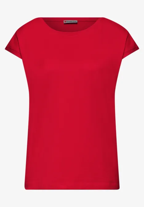 Shirt mit Boatneck und Deko-Detail salsa red Rotes Damen-T-Shirt mit kurzem Ärmel und rundem Ausschnitt auf weißem Hintergrund.