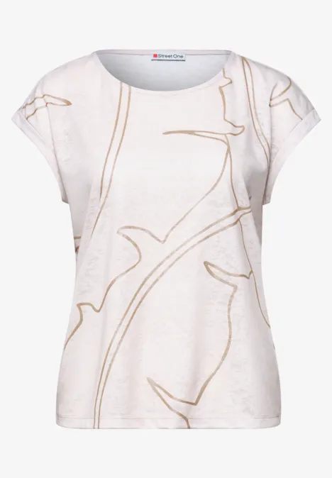 Wit dames-T-shirt met korte mouwen en beige, fijne lijnen in takkenpatroon.