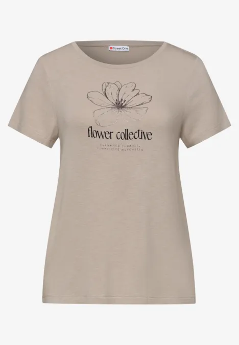 Beiges Damen-T-Shirt mit zarter Blütenzeichnung und Schriftzug "flower collective".