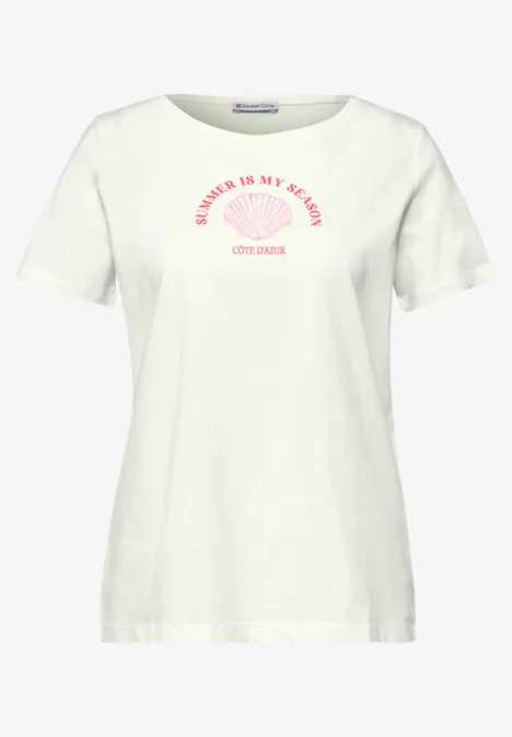 Helles Damen-T-Shirt mit Rundhals, kurzen Ärmeln und pinkem Brust-Logo.