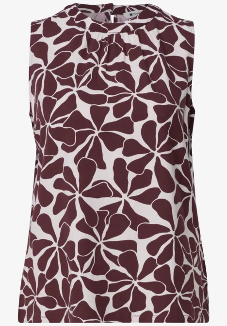Mouwloze top wit met donkerrood abstract bloemenpatroon