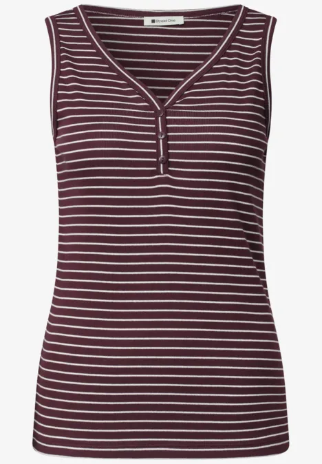 Top à col en V et à rayures rustic rouge Débardeur femme à rayures bordeaux et blanches avec encolure en V et patte de boutonnage.
