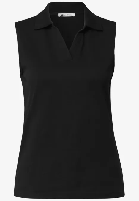 Zwart mouwloos poloshirt met V-hals.