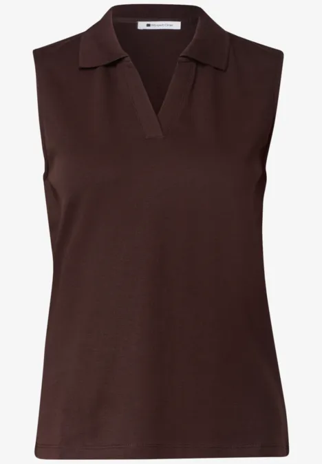 Top in Rippstruktur mit Polokragen espresso brown Braunes, ärmelloses Damen-Poloshirt mit V-Ausschnitt und klassischem Kragen.